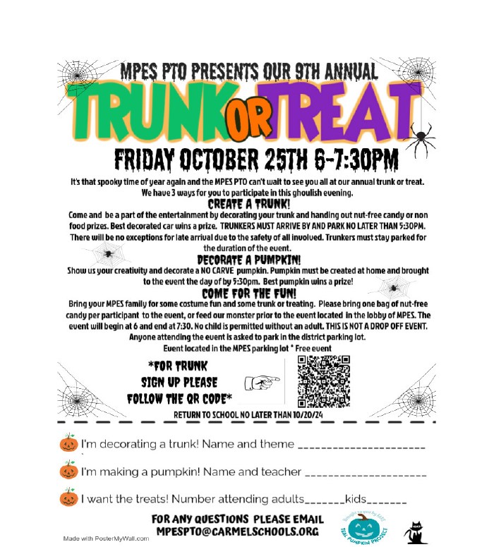 Join us for our Annual Trunk or Treat event!  Want to sign up to be a trunker?  Click our flyer for the link!