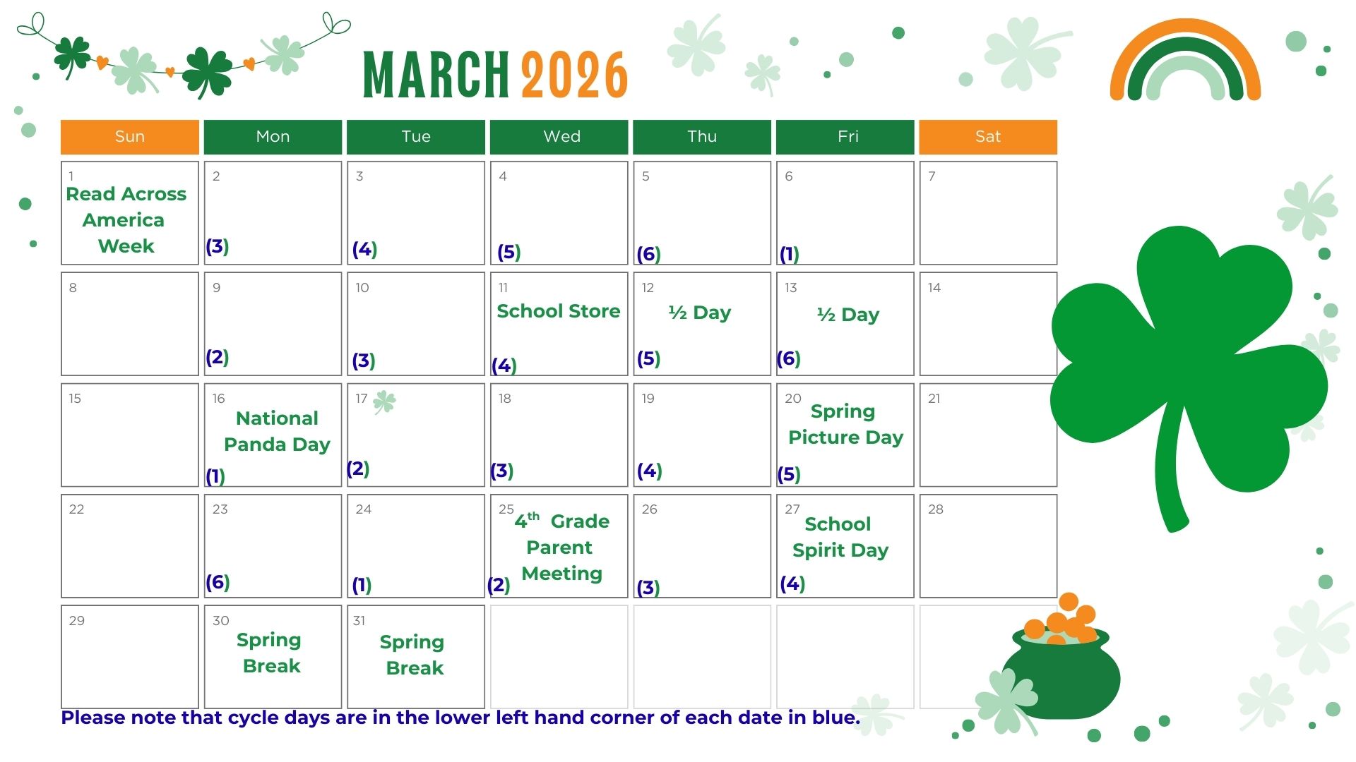 Green Orange Cute Simple Illustrated St Patrick's Day March 2026 Monthly Calendar