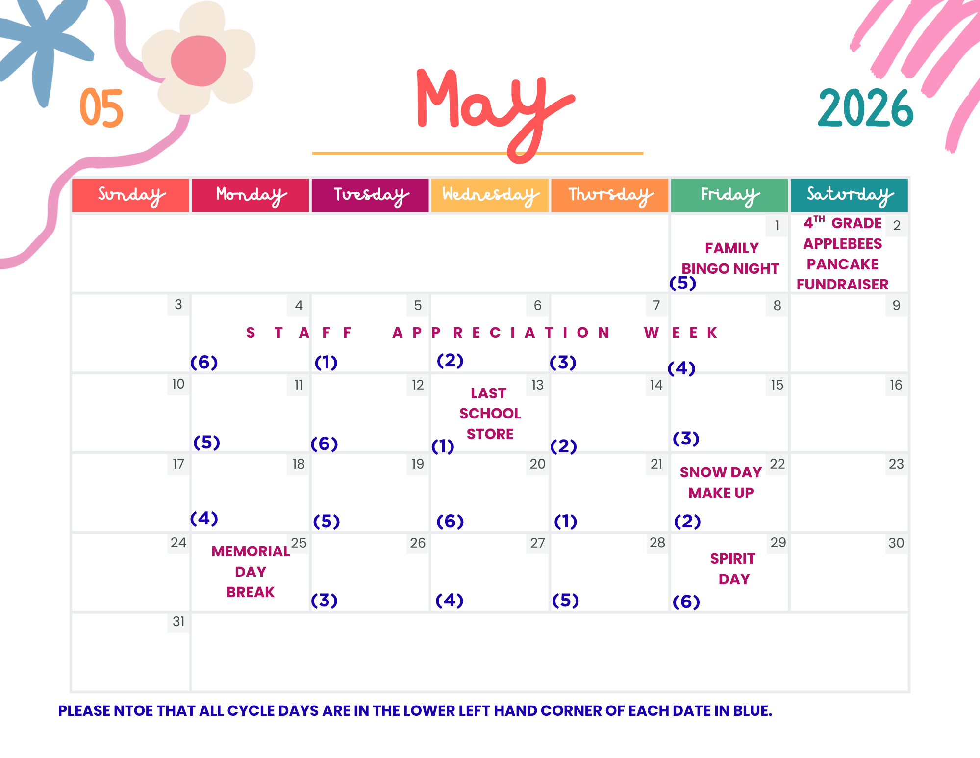 Colorful Cute Doodle Planner 2026 May Monthly Calendar